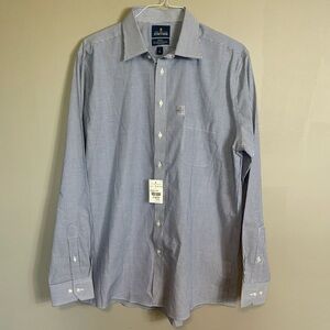 Stanford Easy Care Travel Button Up Dress Shirt Size 17 Fitted 36-37 Blue Stripe